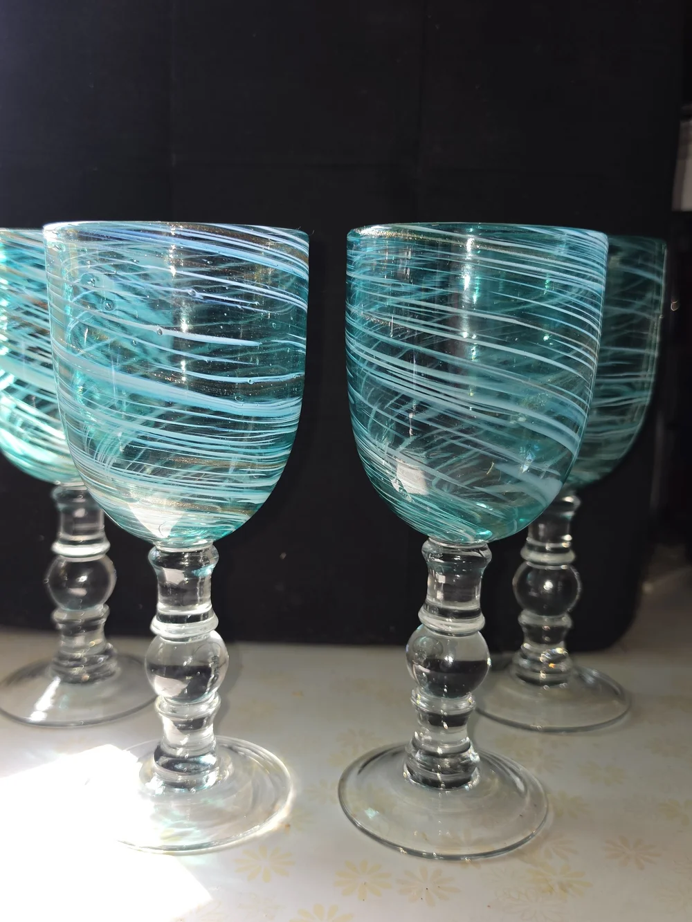 VTG Pier 1 Blue White Swirl Aventurine Water Goblets Set of 4